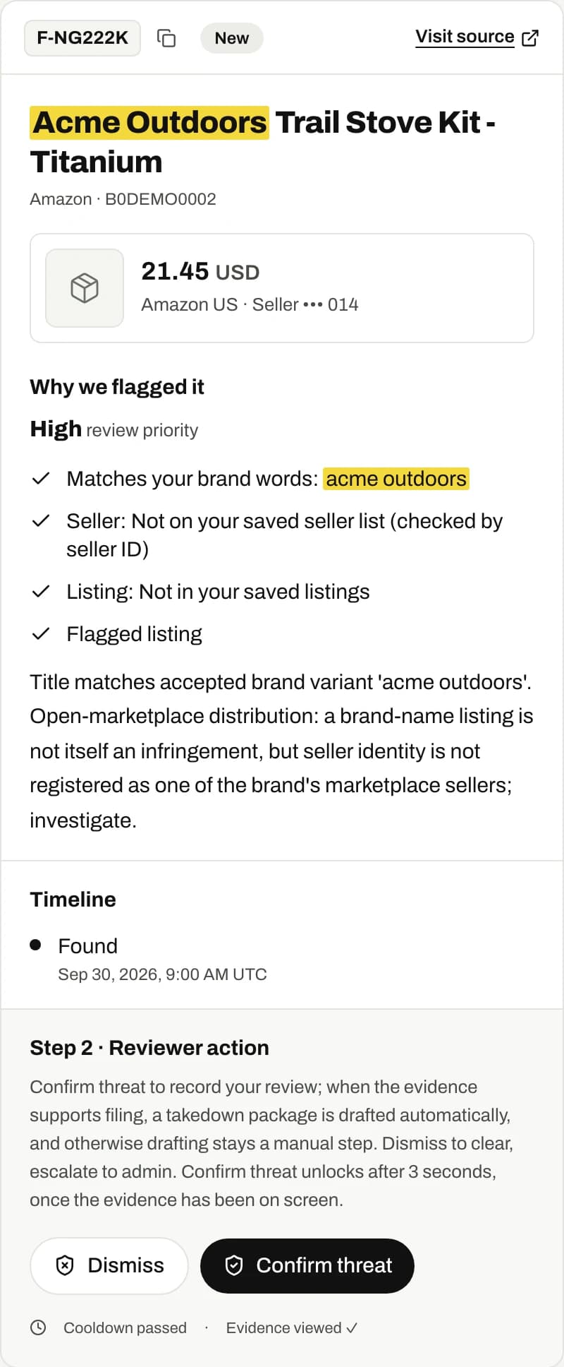Acme Outdoors finding with matched brand words, a masked seller, recorded reasons and review actions